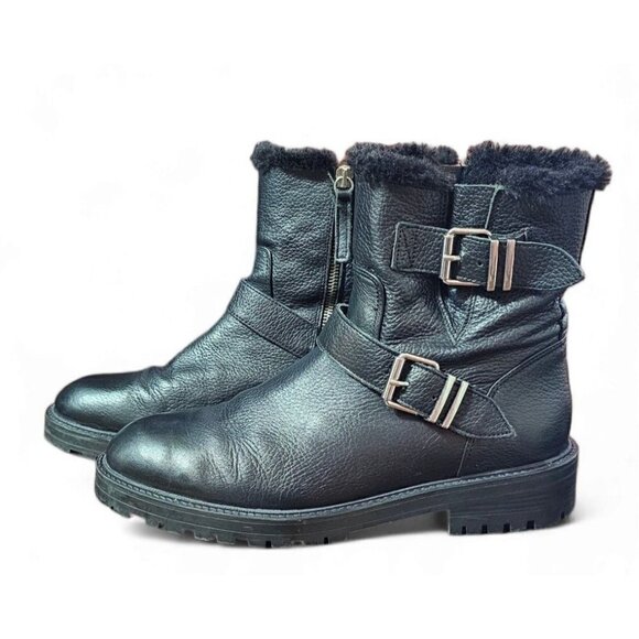 Zara Basic black leather moto combat boots zipper shearling lined EU41 US10 - Picture 6 of 16